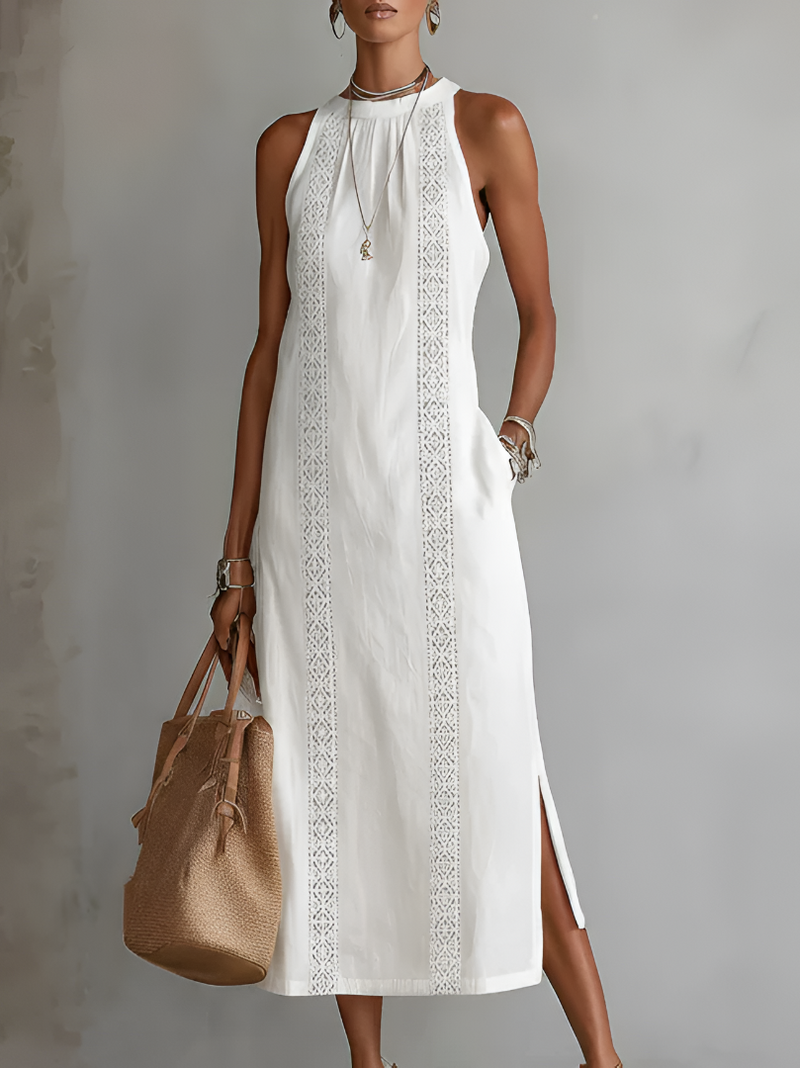LUCIANA | Vestido midi bordado con cuello mao